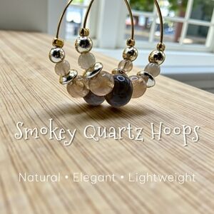 Gold Tone Hoop Earrings with Smoky Quartz Crystal Beads